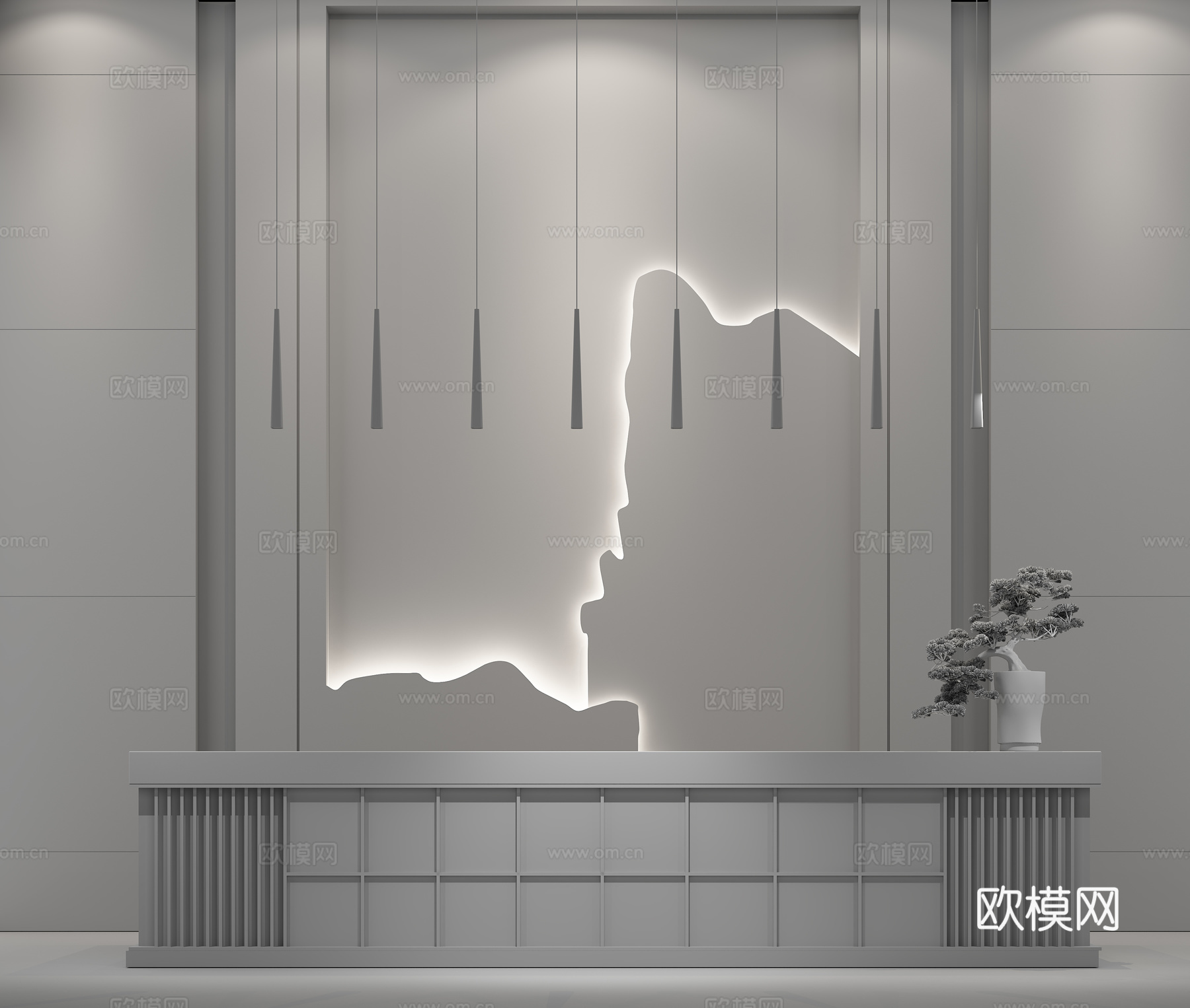新中式前台 背景墙 吊灯组合3d模型下载（渲染图3）