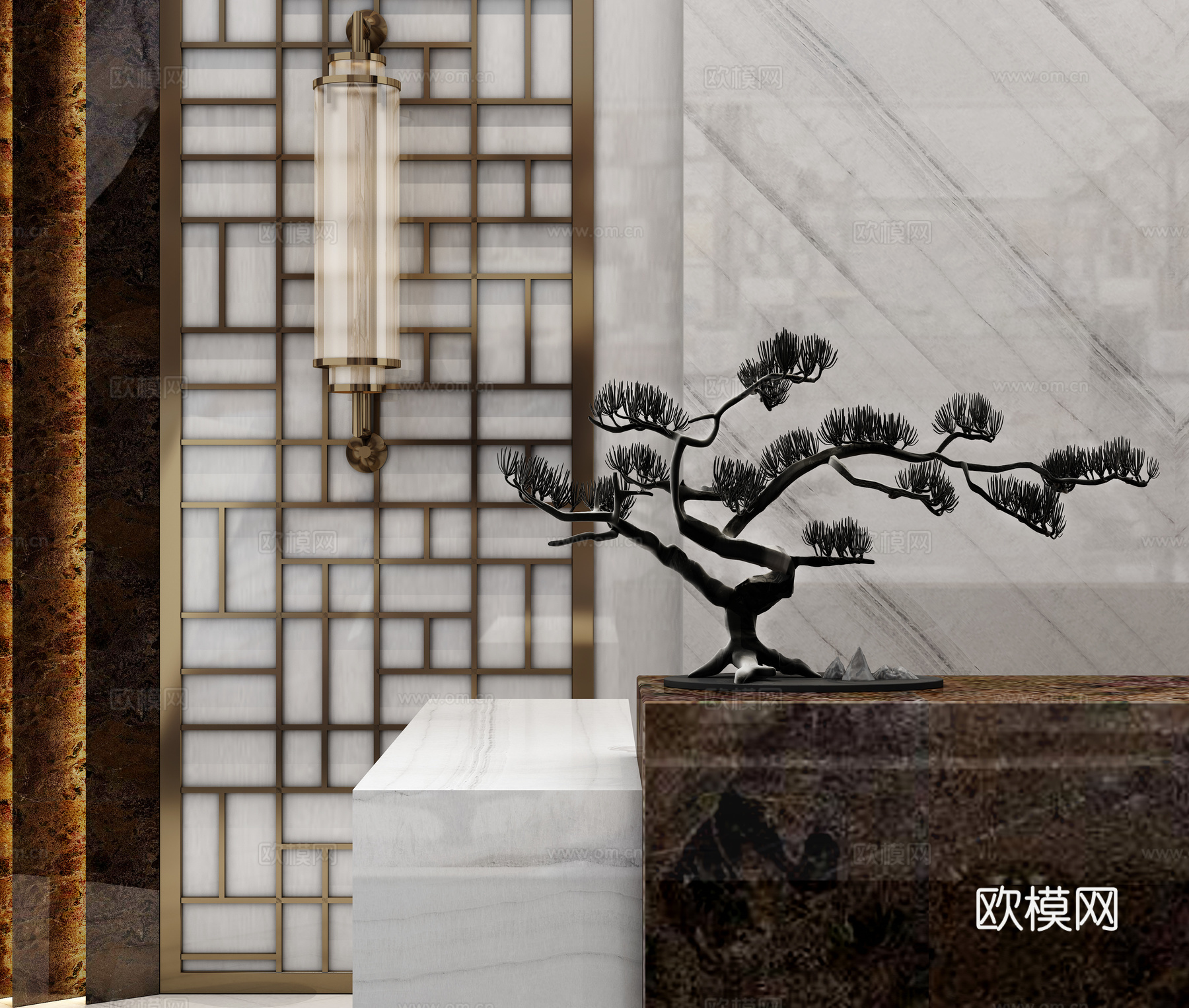 新中式售楼大厅背景 前台 壁灯组合3d模型下载（渲染图2）