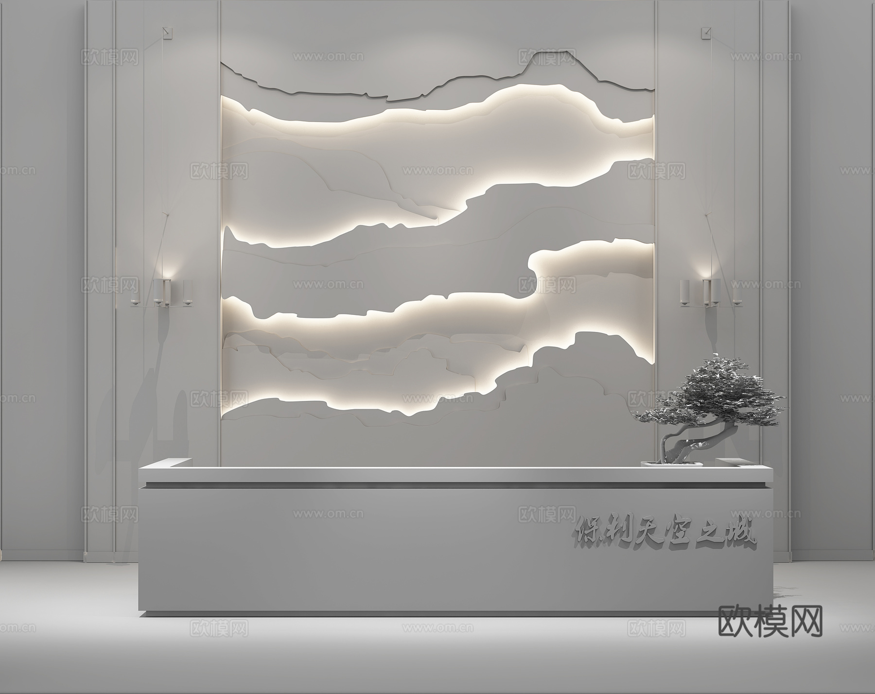 新中式售楼处 大厅 前台 背景墙3d模型下载（渲染图2）