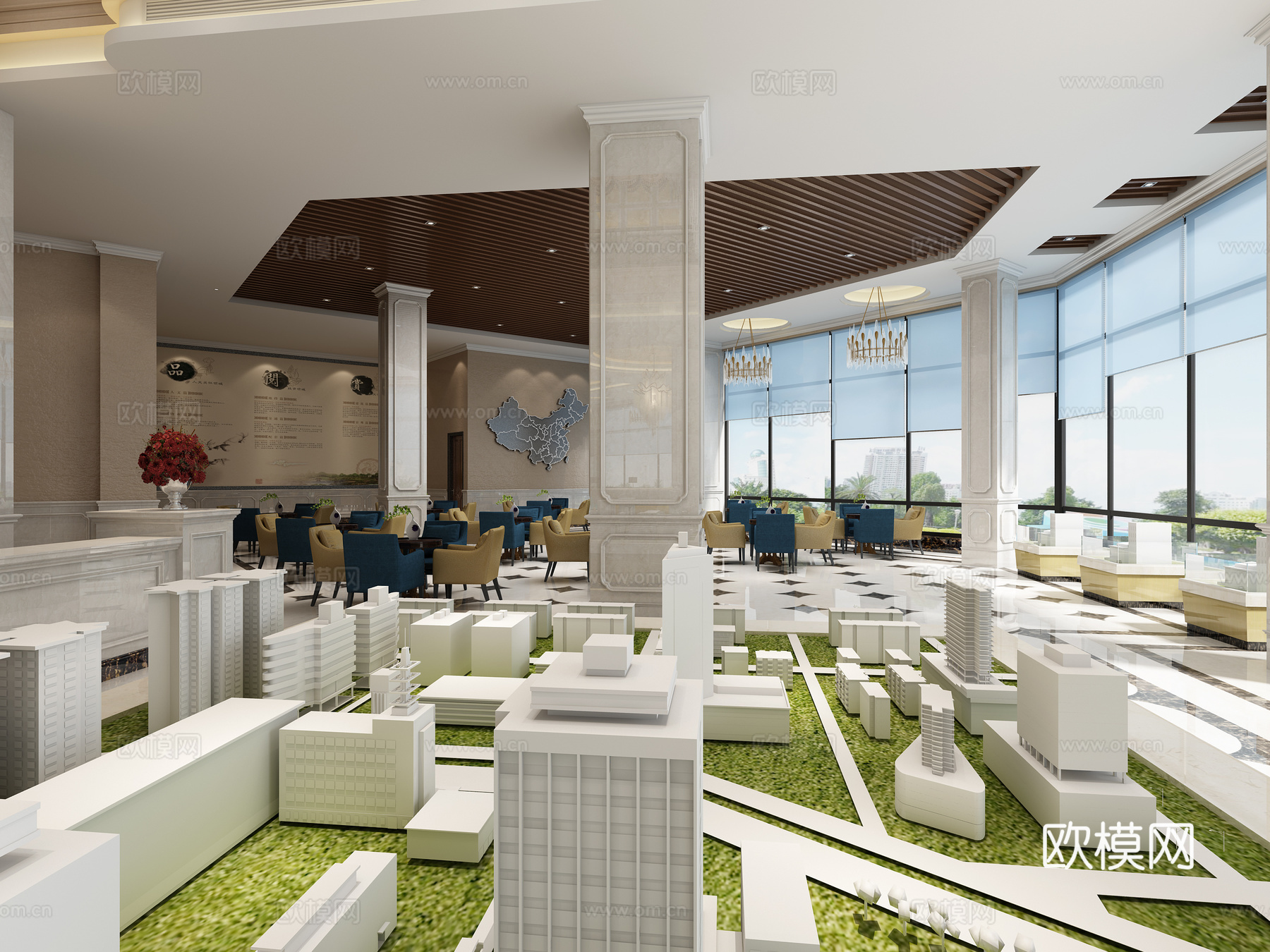 简欧售楼大厅 楼盘 吧台 水晶吊灯3d模型下载（渲染图2）