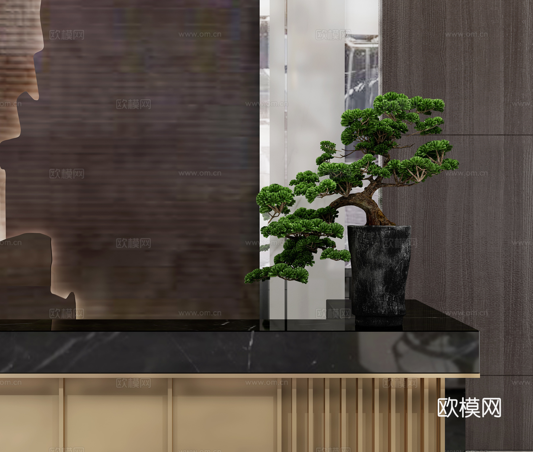 新中式前台 背景墙 吊灯组合3d模型下载（渲染图2）
