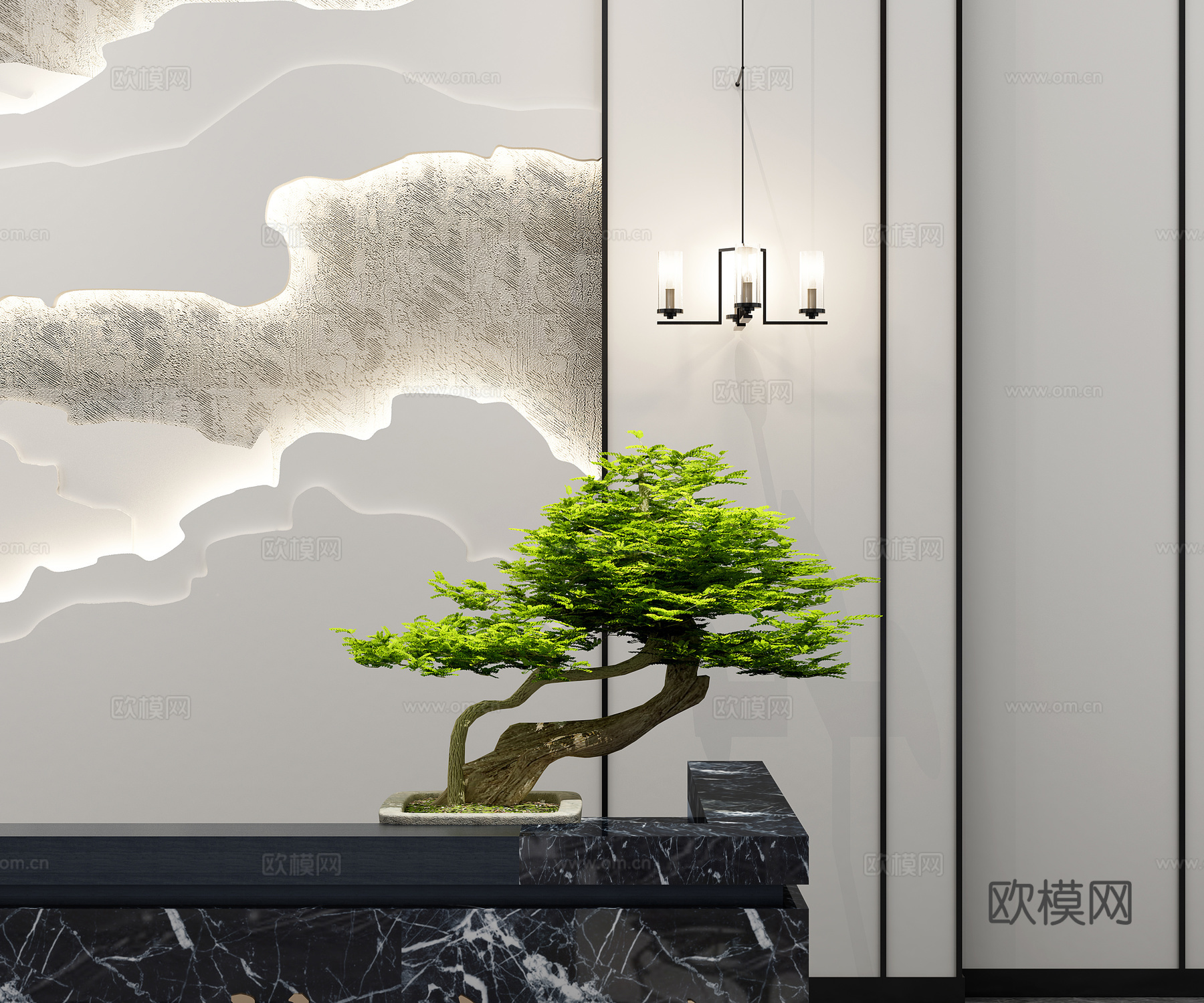 新中式售楼处 大厅 前台 背景墙3d模型下载（渲染图4）