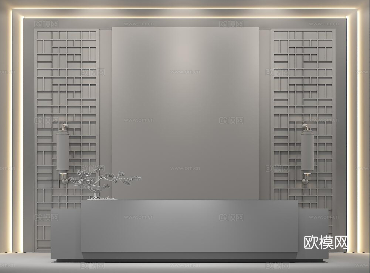 新中式售楼大厅背景 前台 壁灯组合3d模型下载（渲染图3）