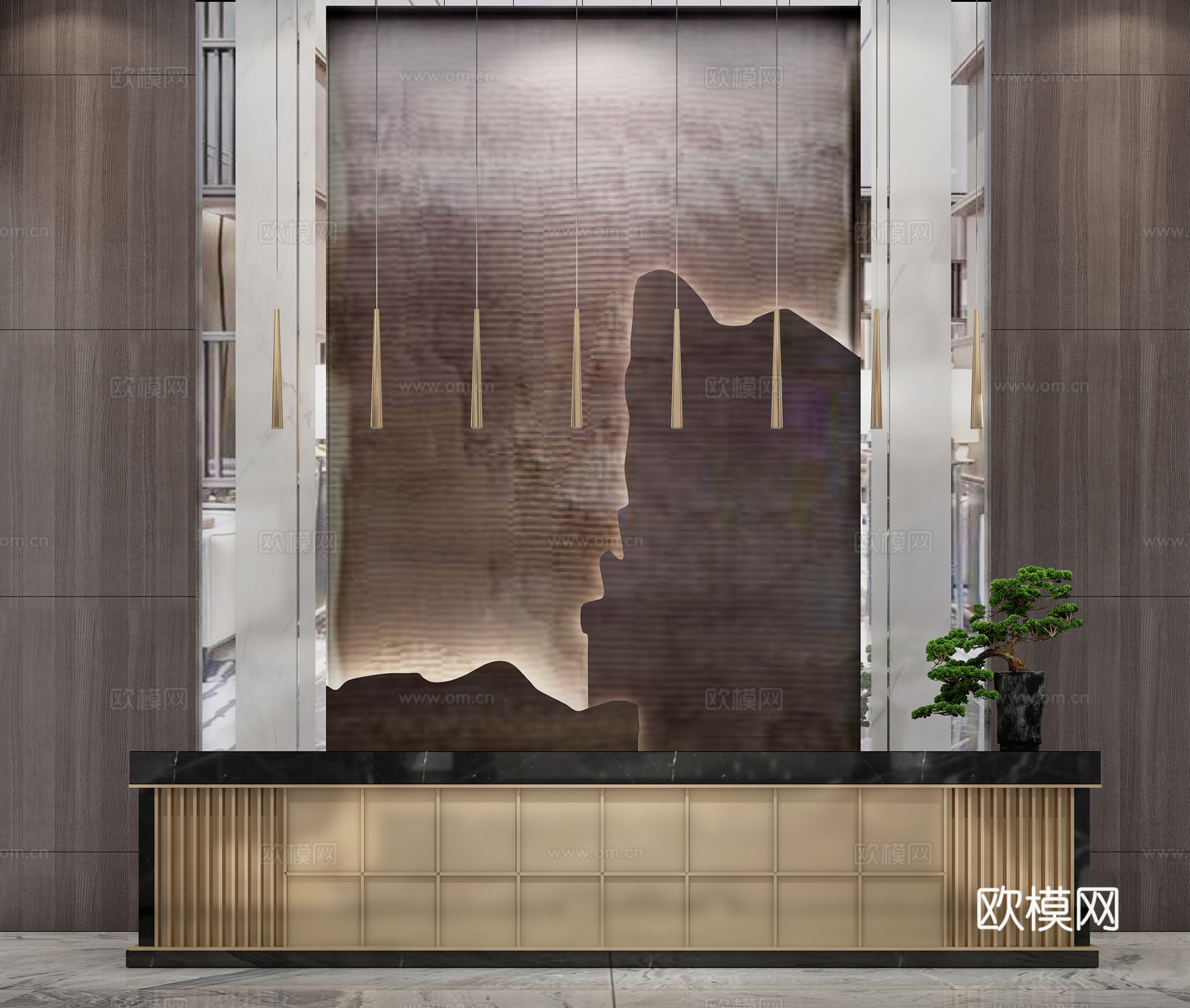 新中式前台 背景墙 吊灯组合3d模型下载（渲染图4）
