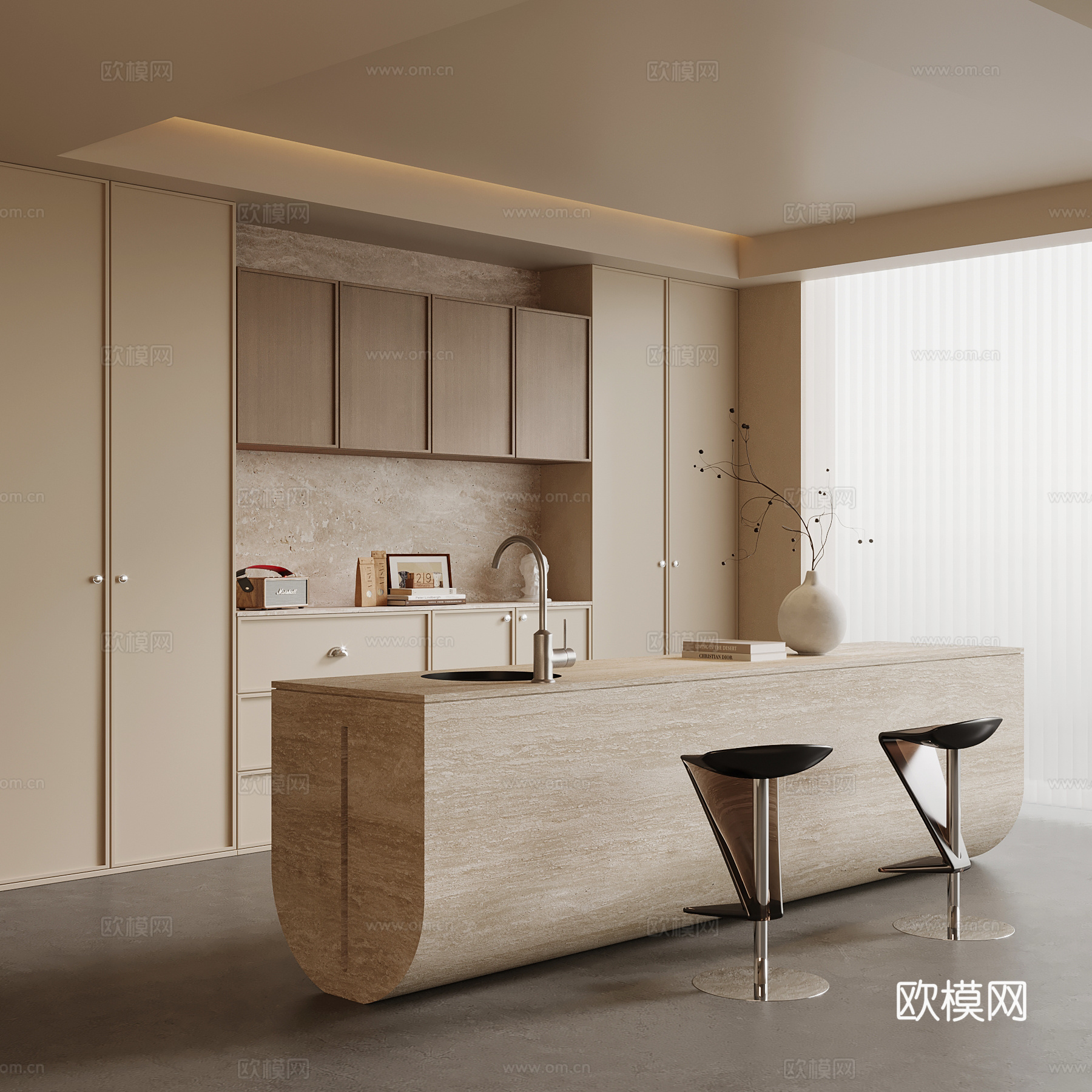 中古风餐厅 吧台 岛台 酒柜3d模型下载