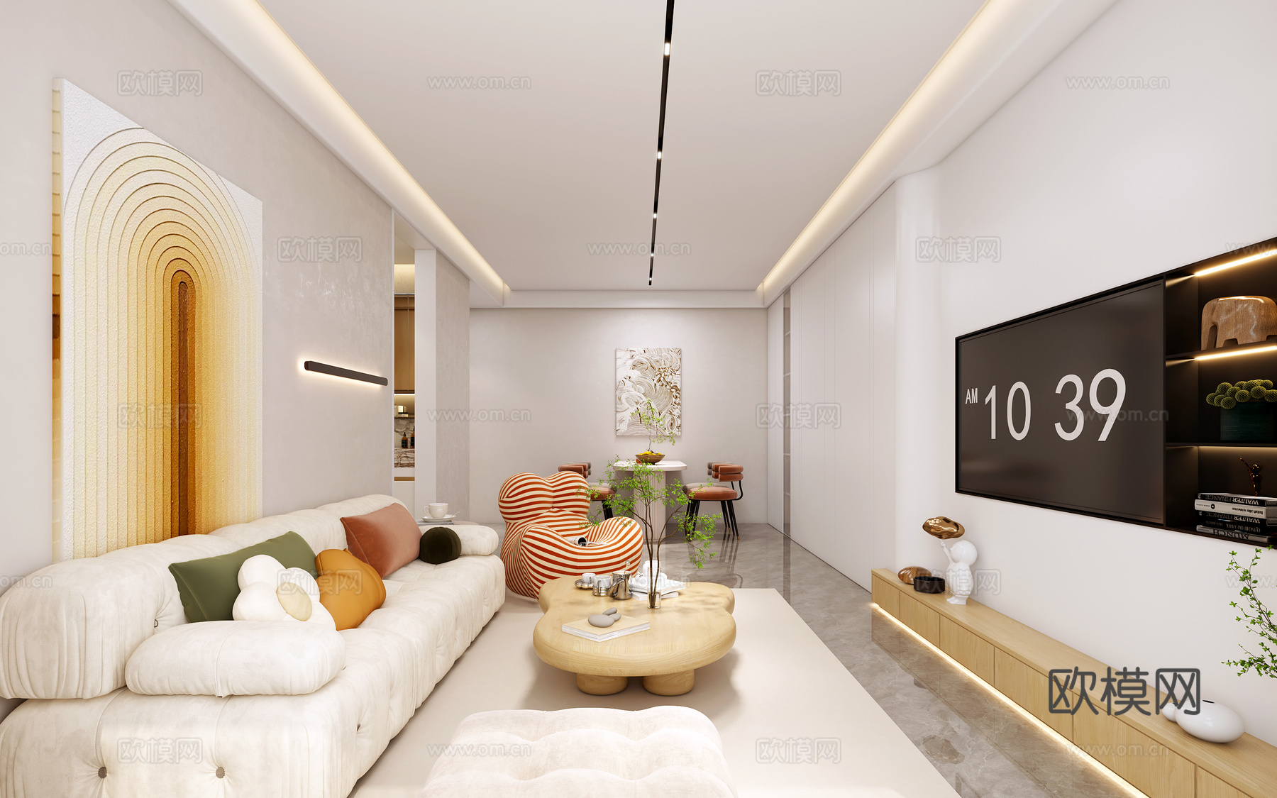 现代奶油风客餐厅3d模型下载（渲染图1）