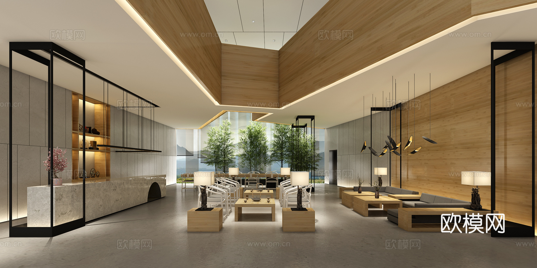 新中式售楼处展厅大堂3d模型下载（渲染图1）