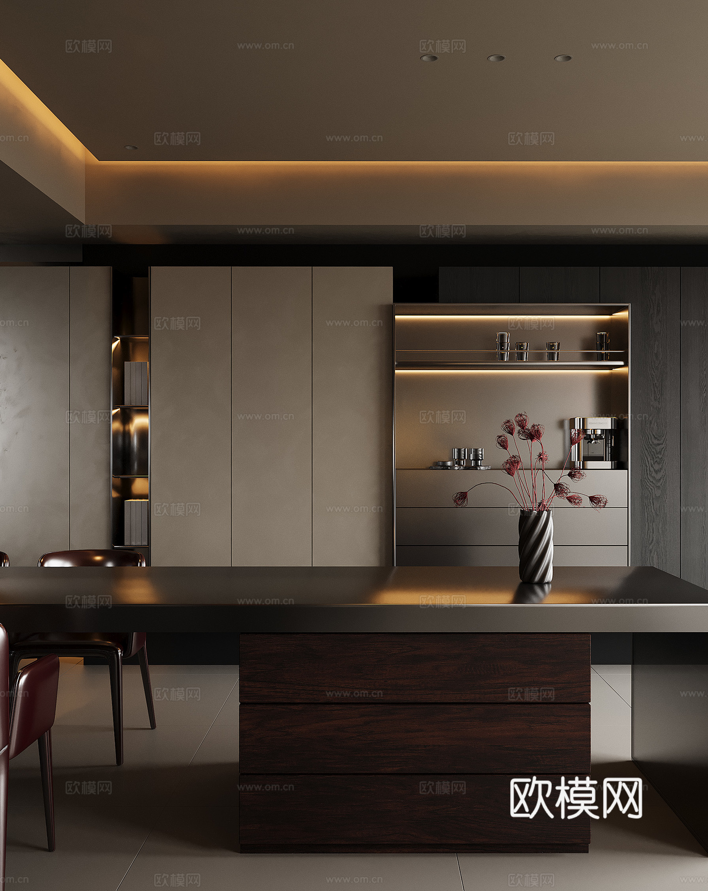 意式餐厅 现代餐厅 工作室 岛台桌椅 餐桌椅 金属柜 不锈钢3d模型下载（渲染图3）