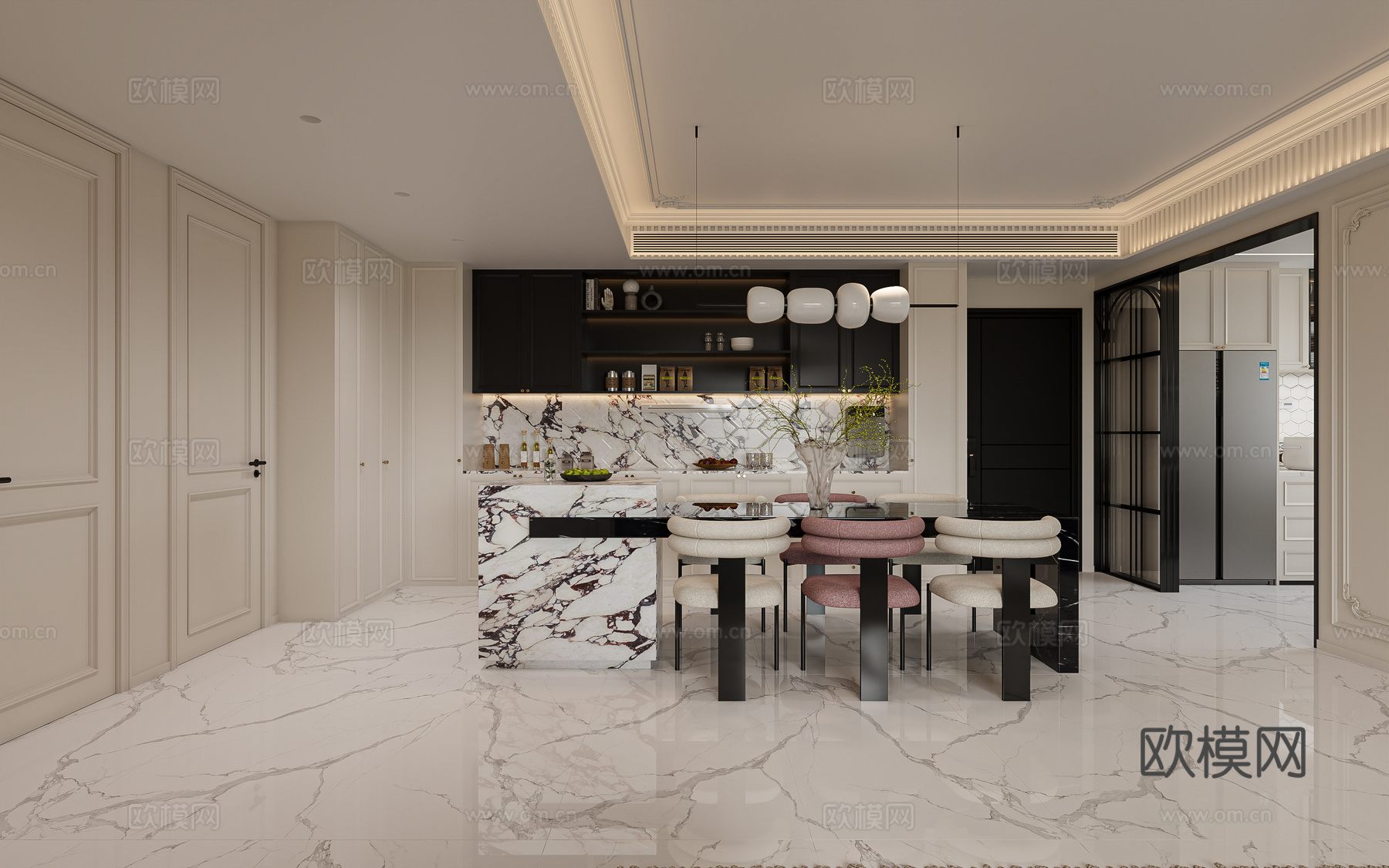 法式轻奢岛台餐厅3d模型下载