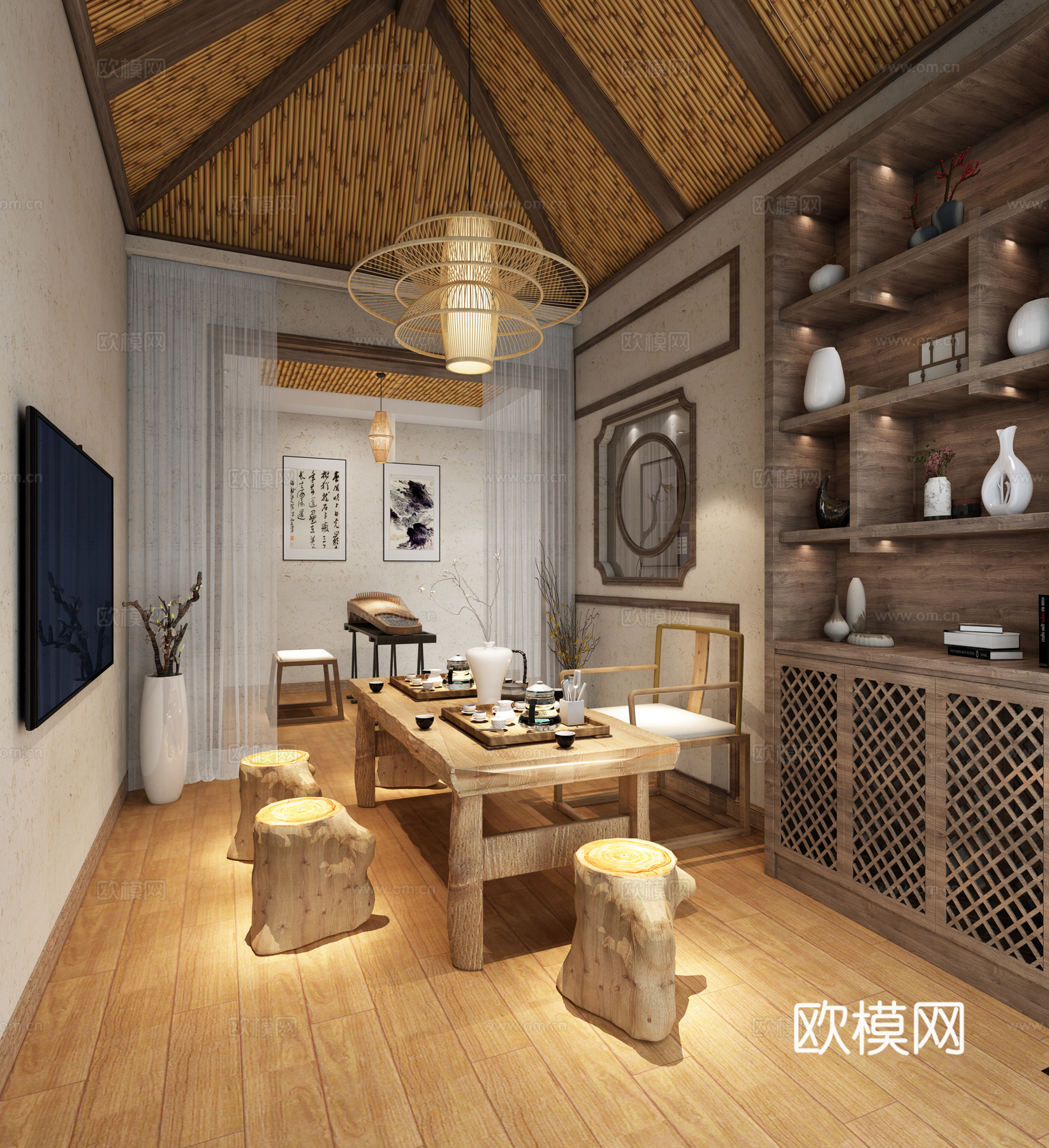 新中式民宿风格茶室 练琴房3d模型下载
