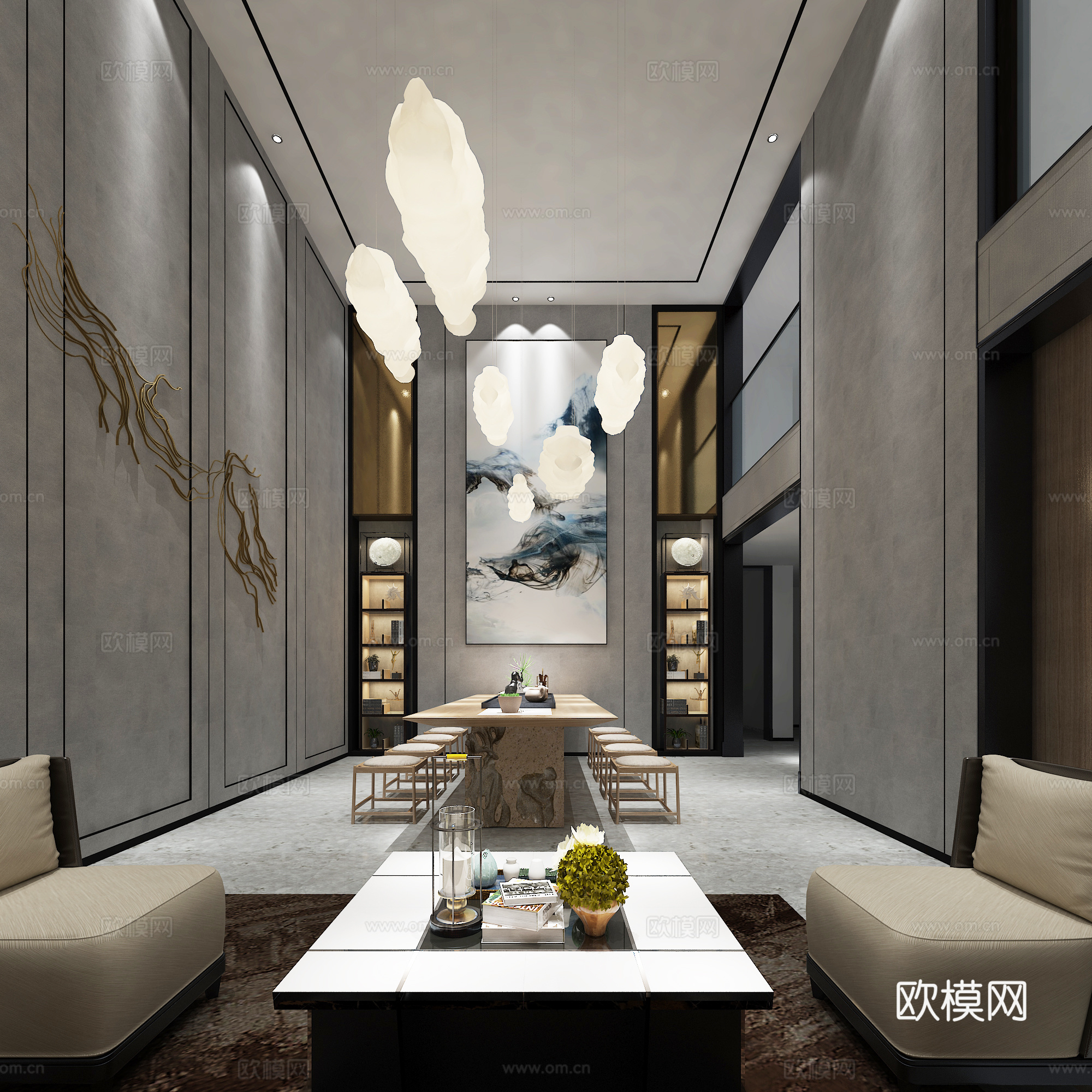 新中式别墅地下挑空茶室3d模型下载（渲染图1）