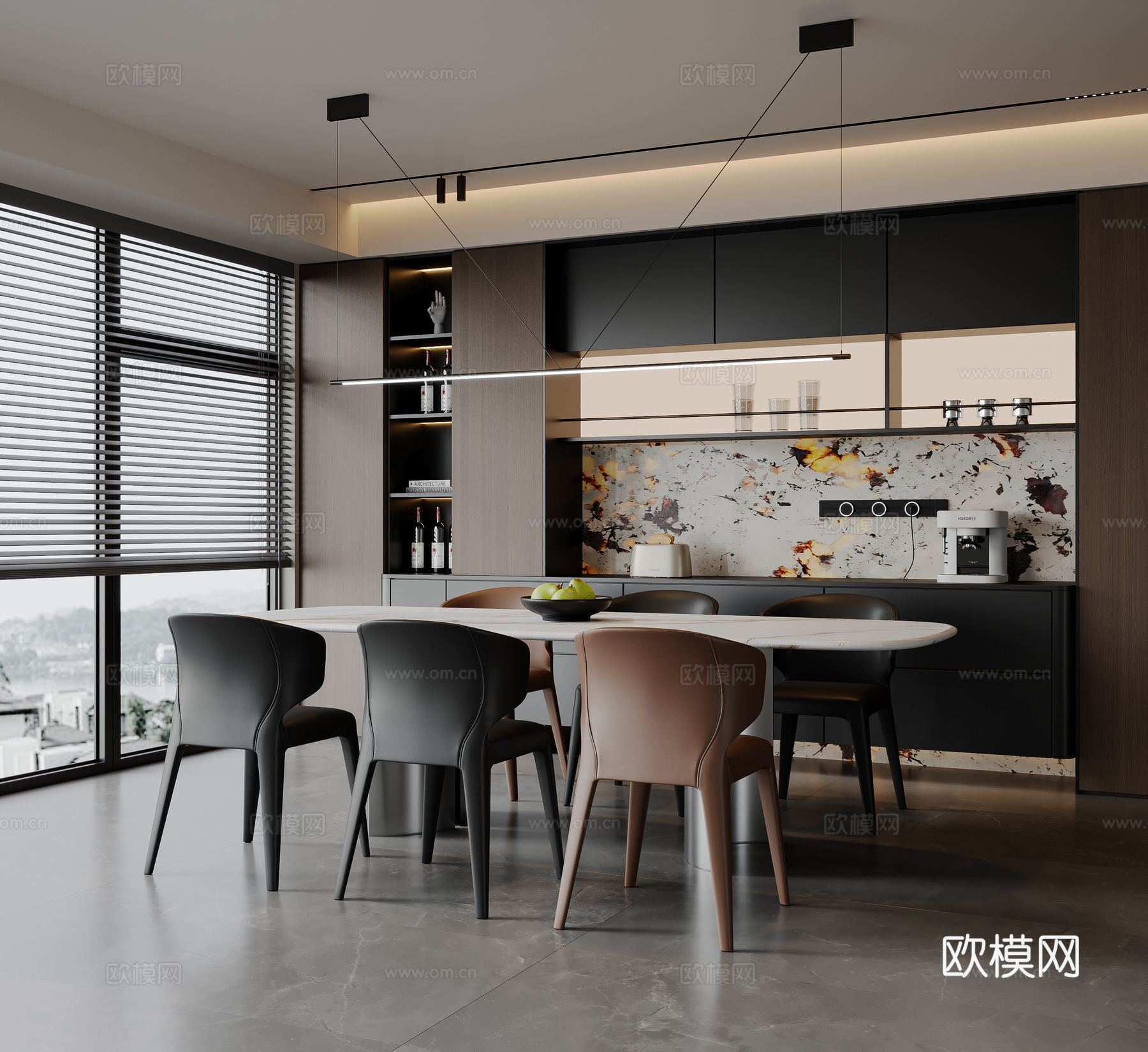 现代意式餐厅 餐桌椅 吊灯 酒柜 餐边柜3d模型下载