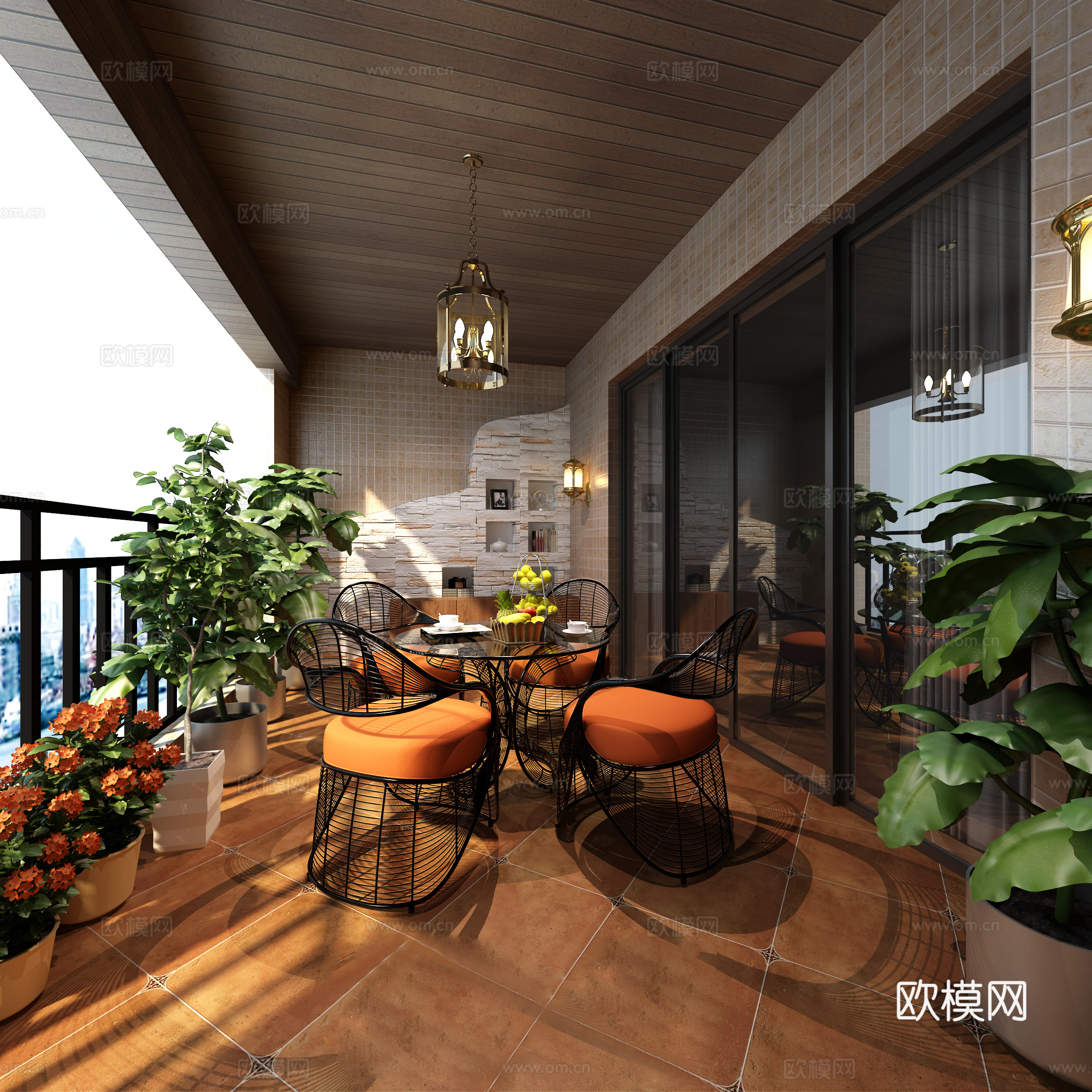 现代花园阳台 休闲桌椅 阳台吊灯 植物3d模型下载