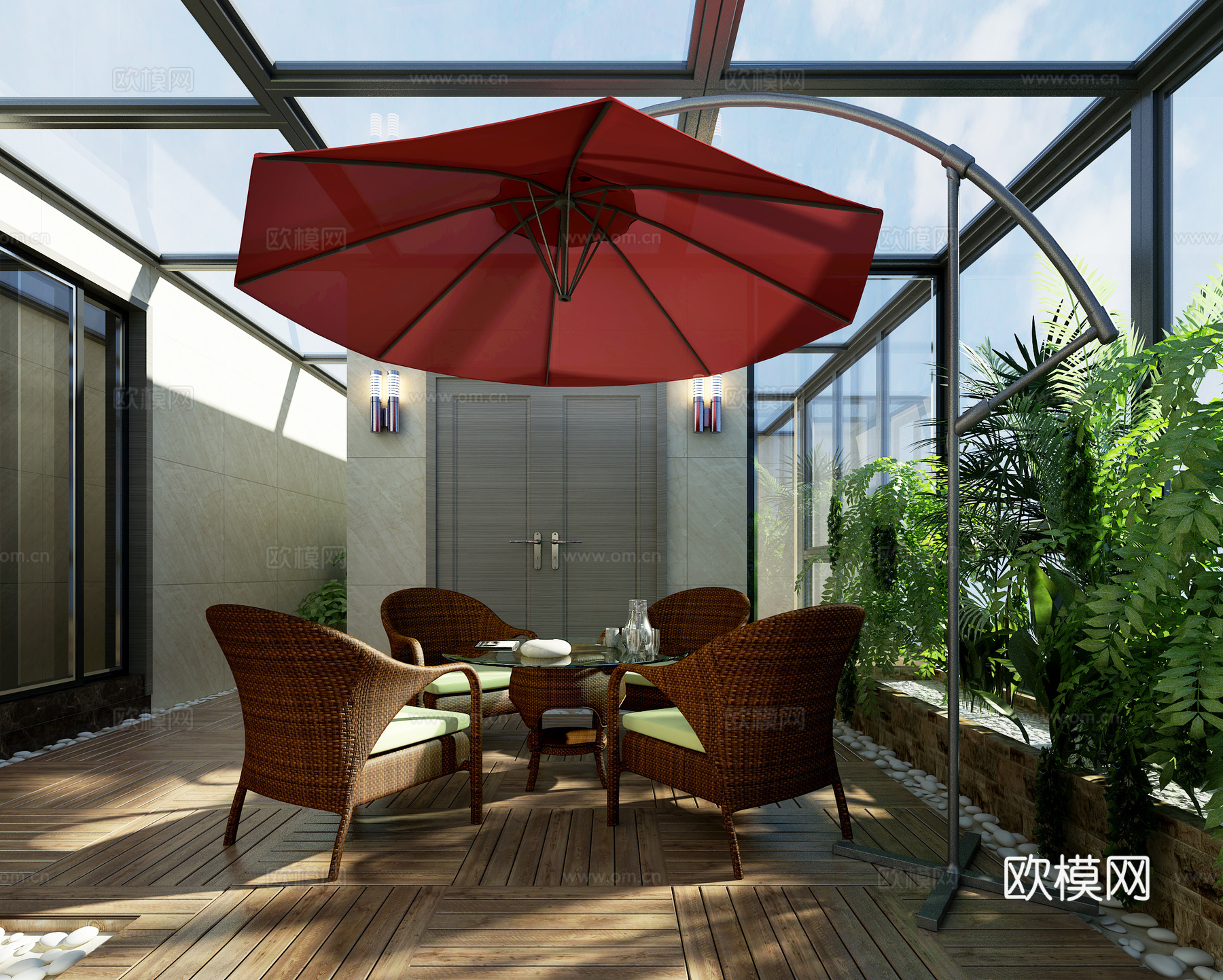 现代花园阳台 遮阳伞3d模型下载（渲染图1）