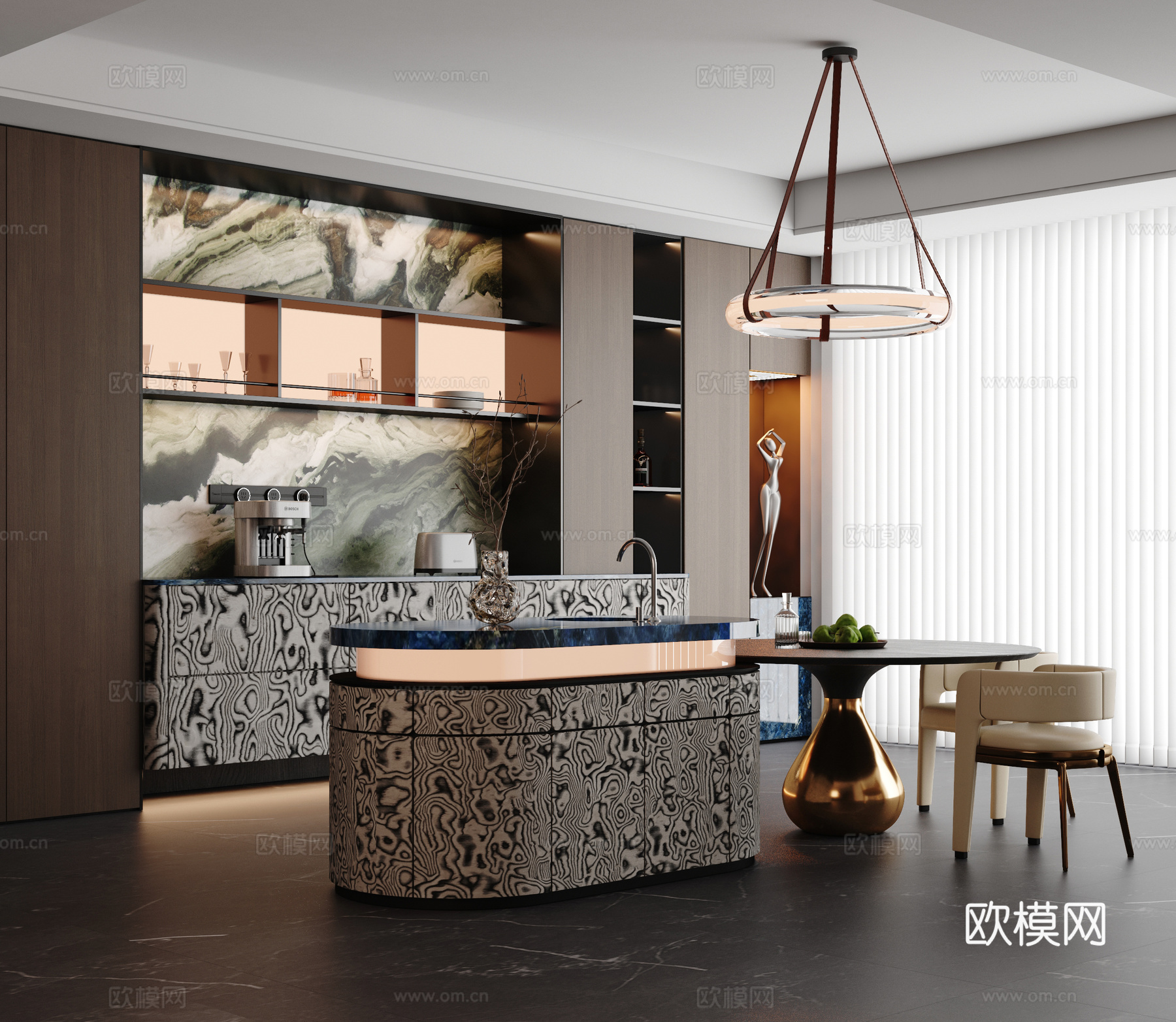 现代简约餐厅 岛台餐厅 酒柜 意式简约餐厅 岛台餐桌椅3d模型下载