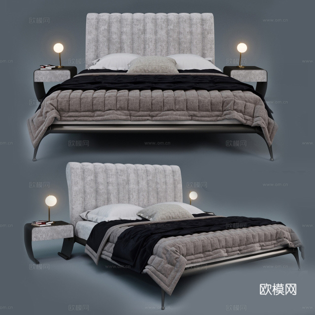 简欧双人床 双人床3d模型下载