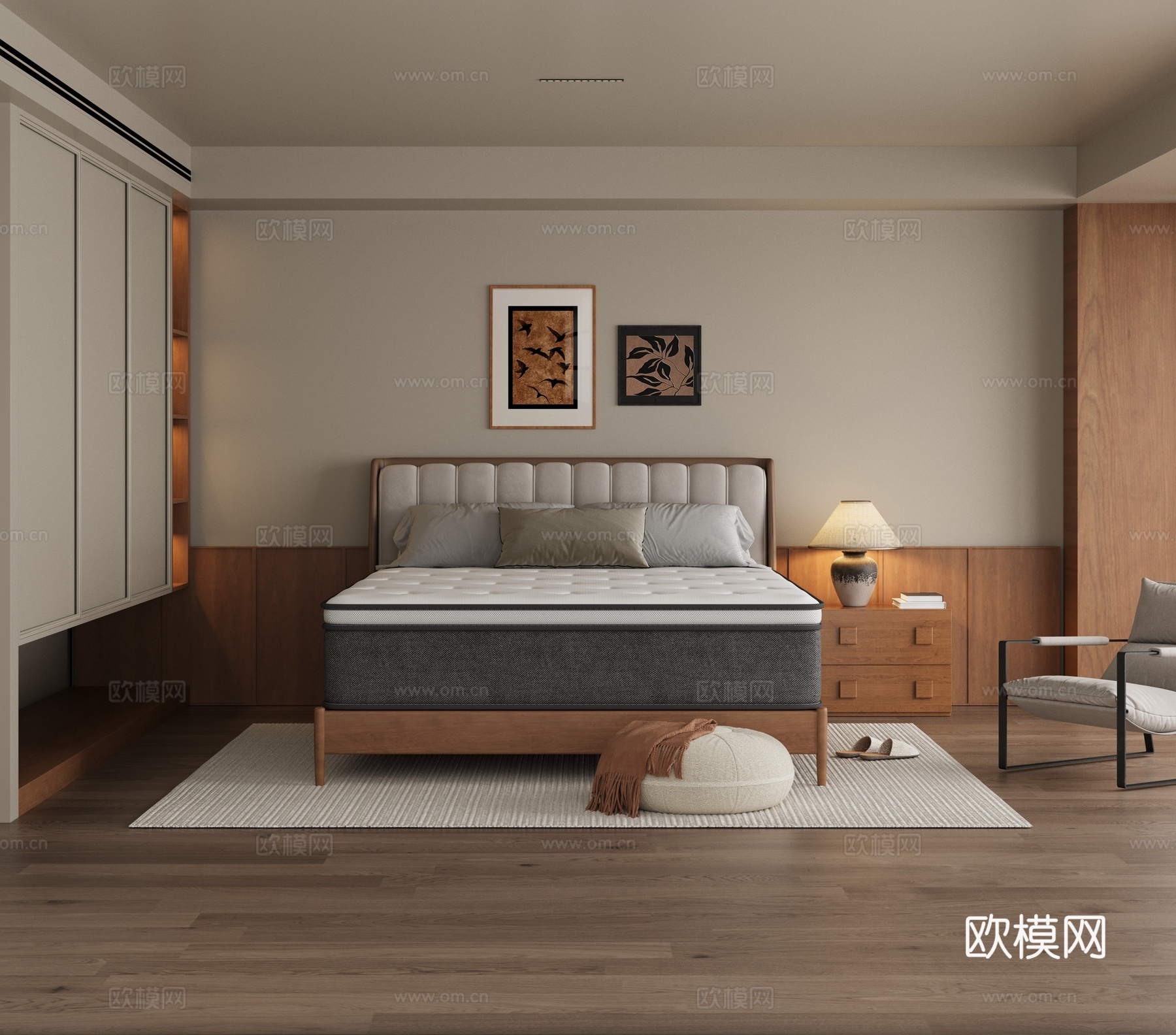 中古风家居卧室 木制双人床 床头背景  双人床，床垫3D模型3d模型下载（渲染图1）