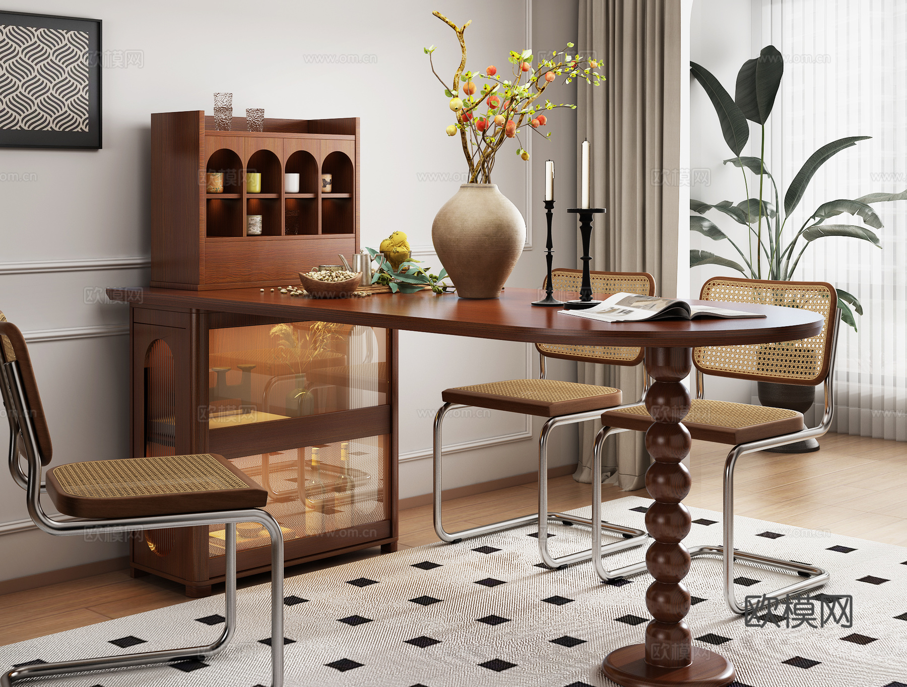 中古风餐桌椅3d模型下载（渲染图2）