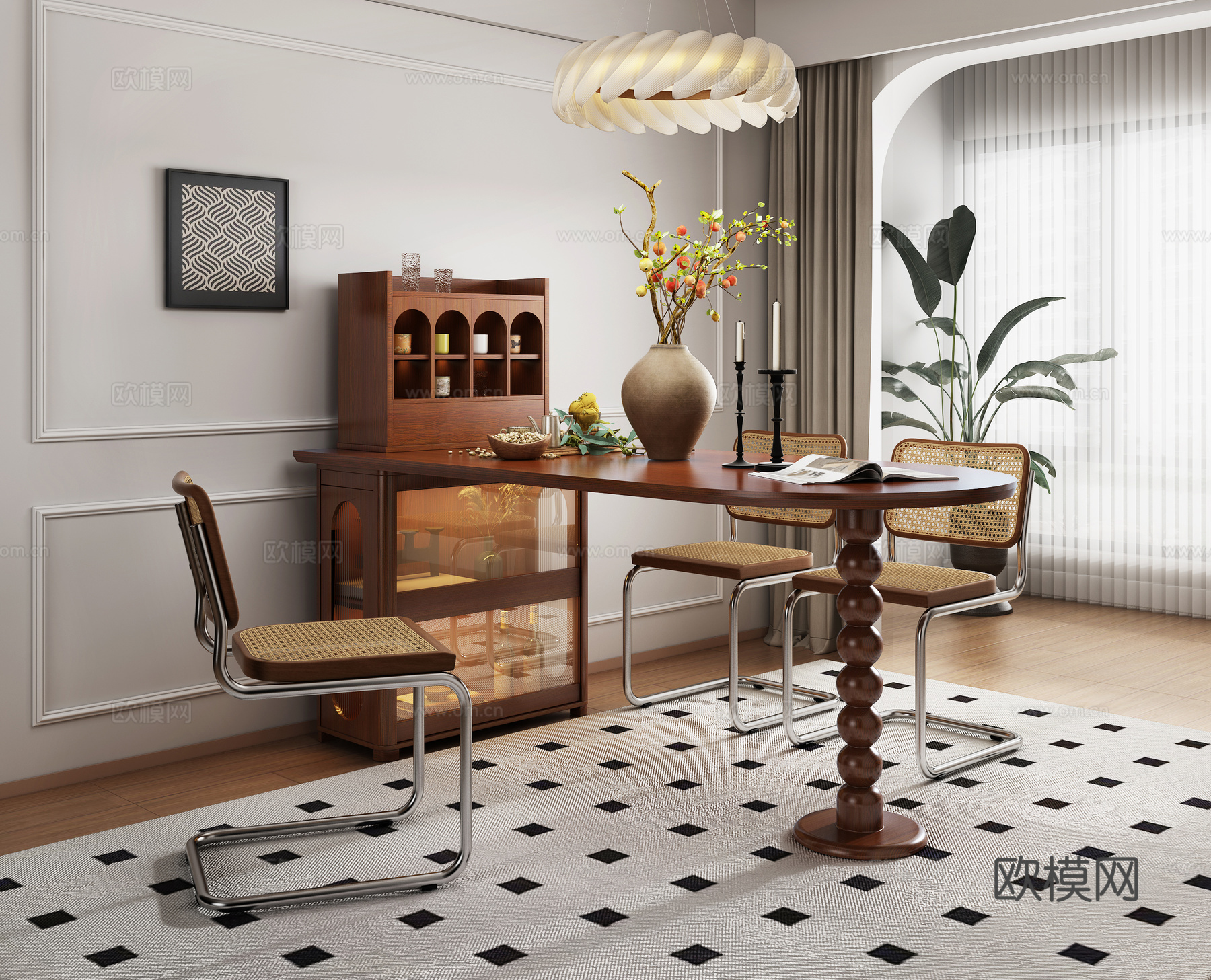 中古风餐桌椅3d模型下载（渲染图1）