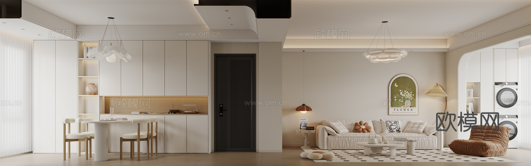 奶油风客餐厅3d模型下载