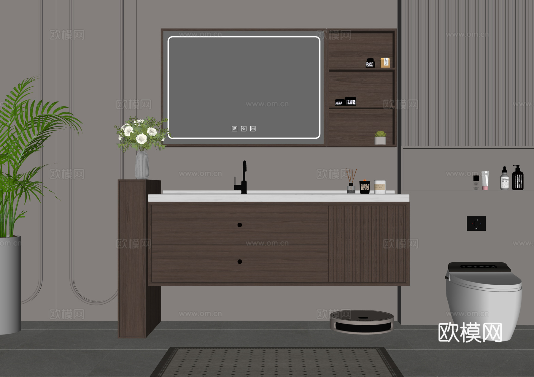 现代实木浴室柜 洗手柜su模型下载（渲染图1）