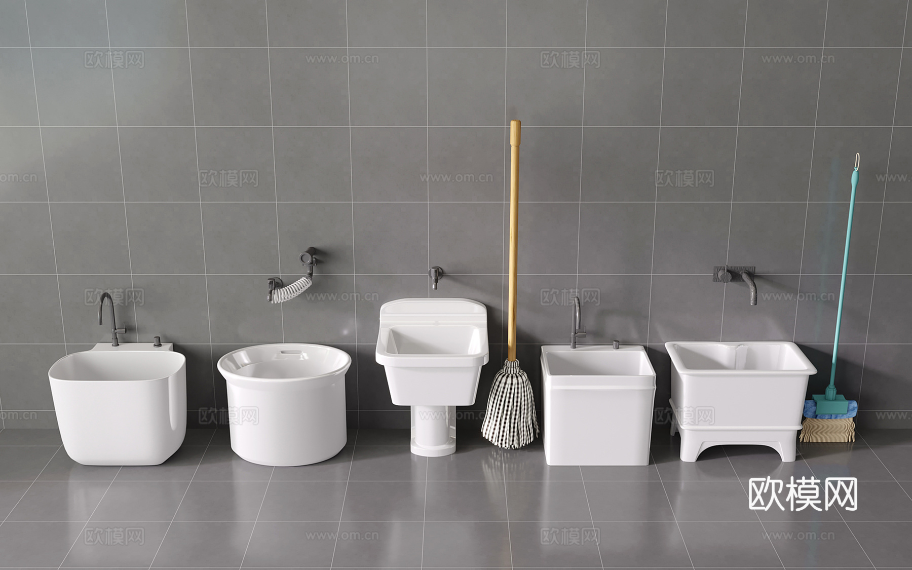 现代陶瓷拖把池 拖布池 墩布池 拖把su模型下载（渲染图2）