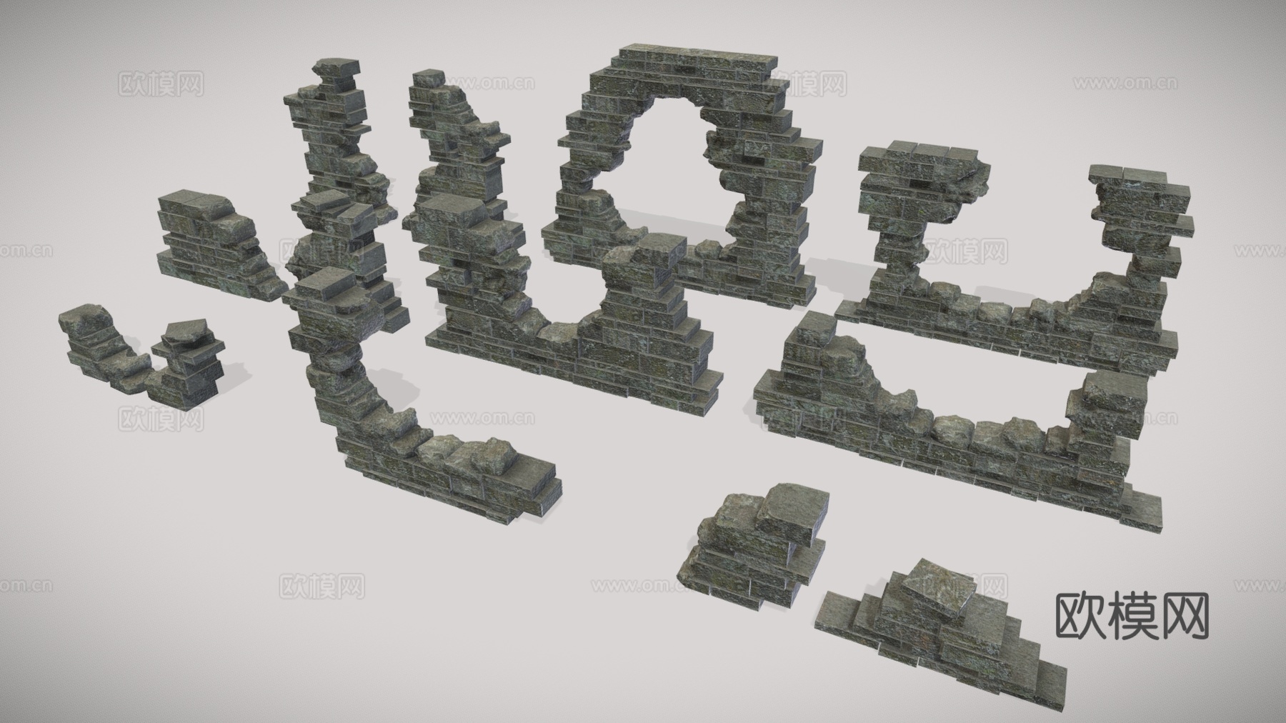 中古风石墙 建筑石墙 青砖 破败城墙3d模型下载（渲染图2）
