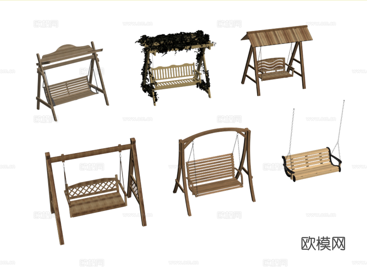 现代实木秋千椅 庭院吊椅 户外双人摇椅su模型下载（渲染图1）