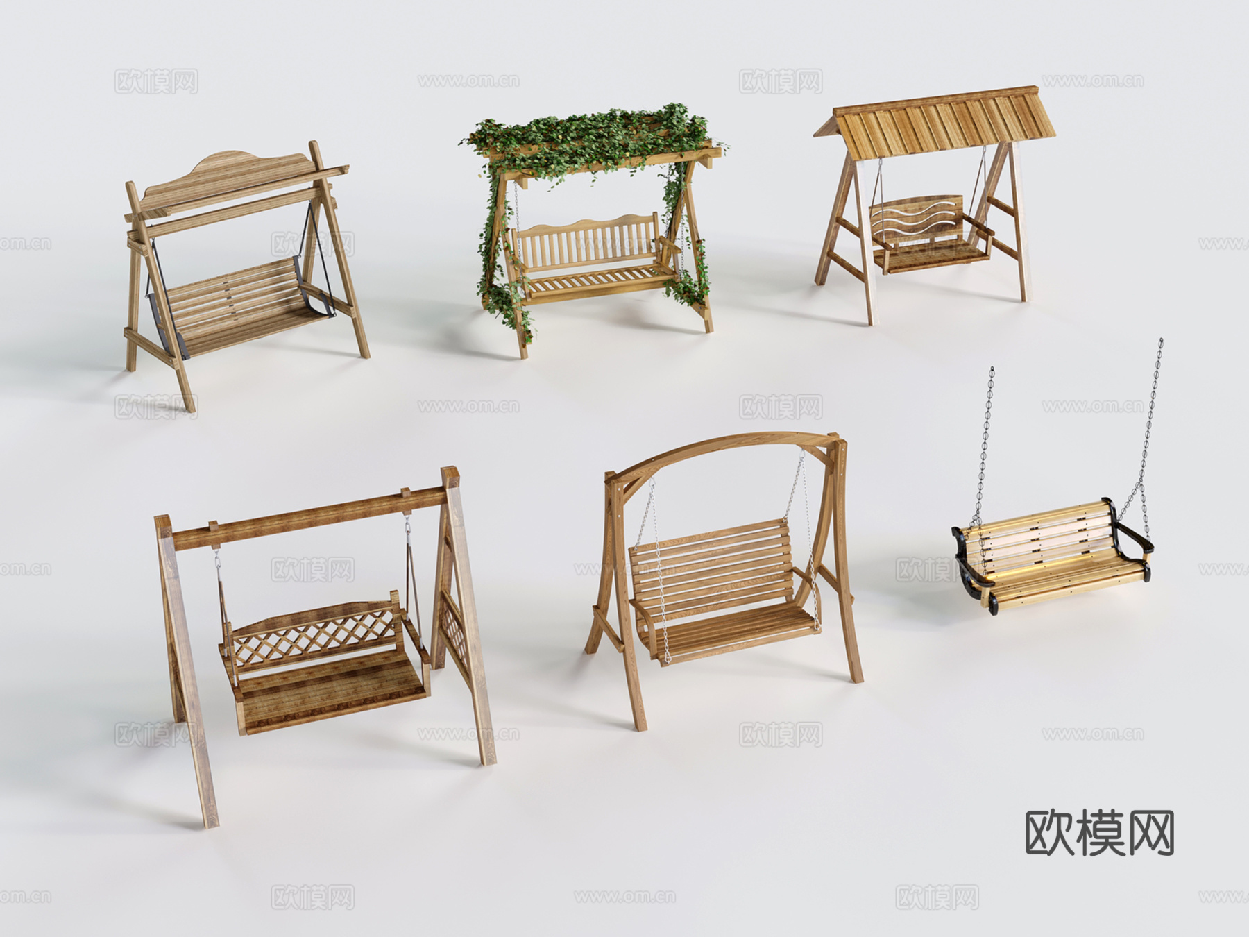 现代实木秋千椅 庭院吊椅 户外双人摇椅su模型下载（渲染图2）