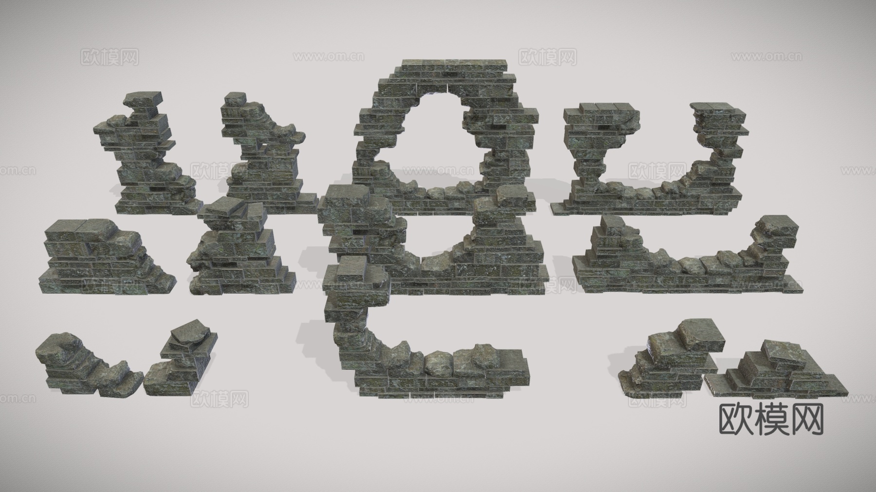 中古风石墙 建筑石墙 青砖 破败城墙3d模型下载（渲染图1）