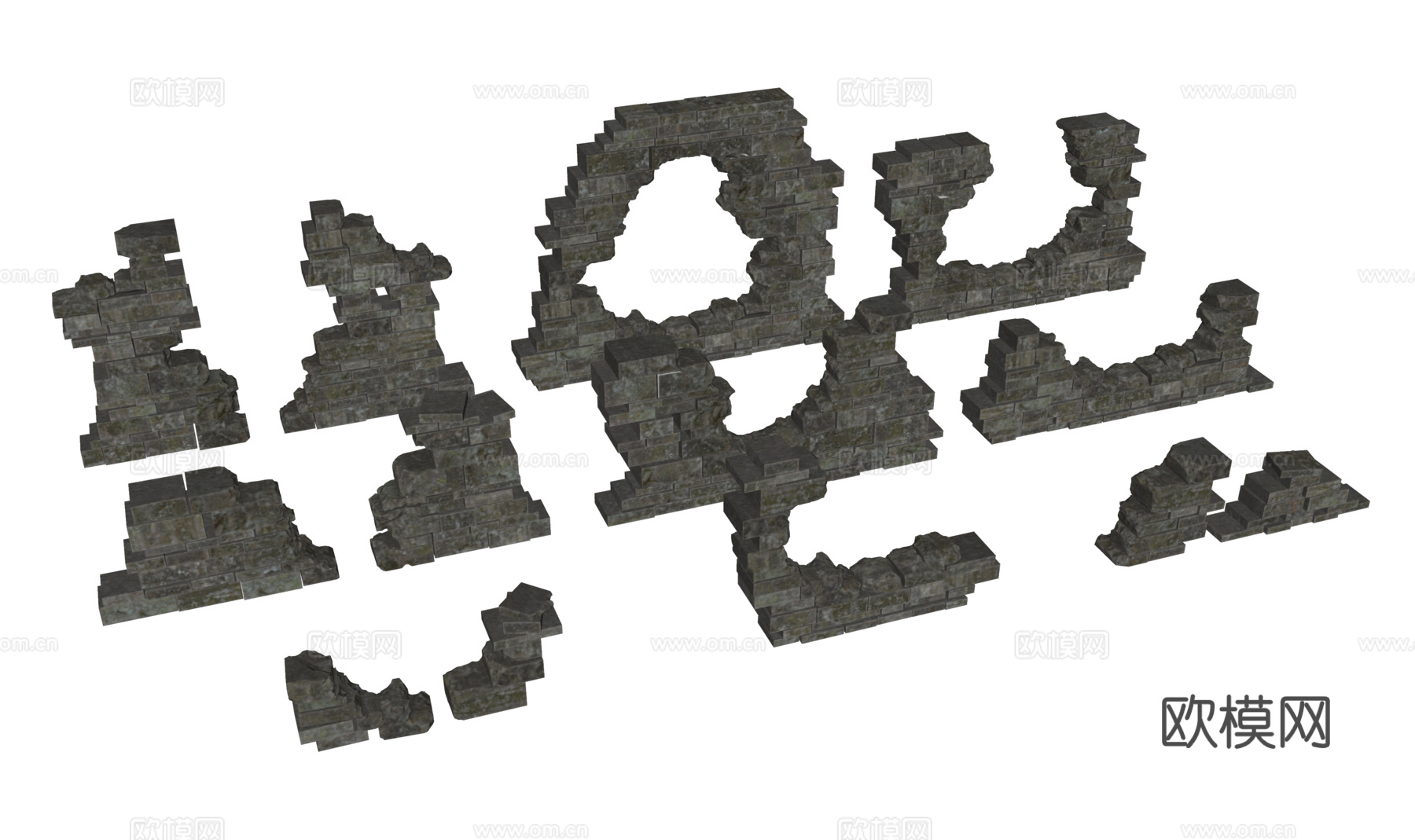 中古风石墙 建筑石墙 青砖 破败城墙3d模型下载（渲染图3）
