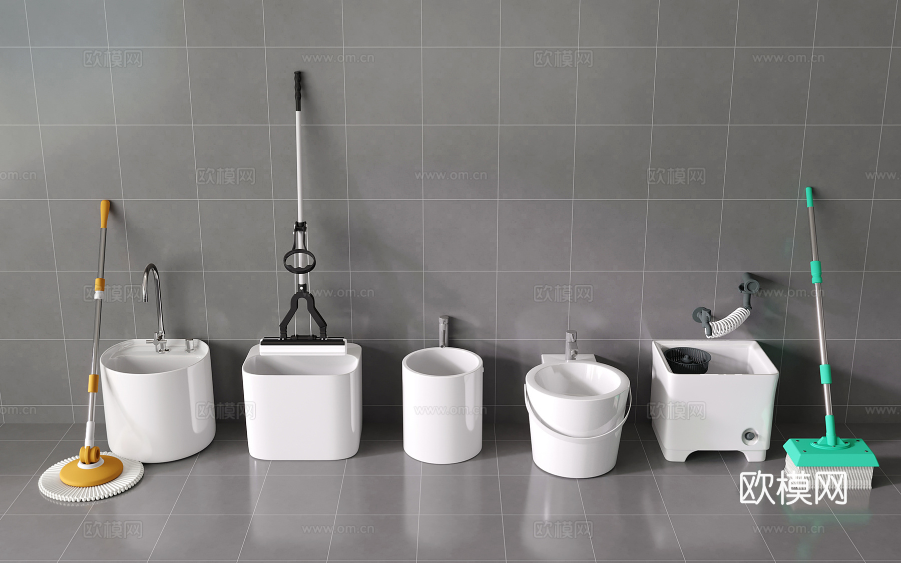 现代陶瓷拖把池 拖布池 墩布池 拖把su模型下载（渲染图2）