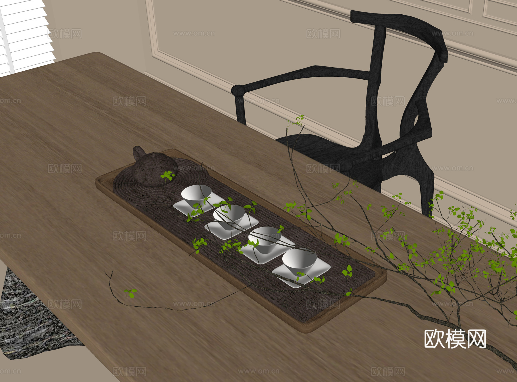 现代茶具摆件 茶壶 茶杯su模型下载（渲染图1）