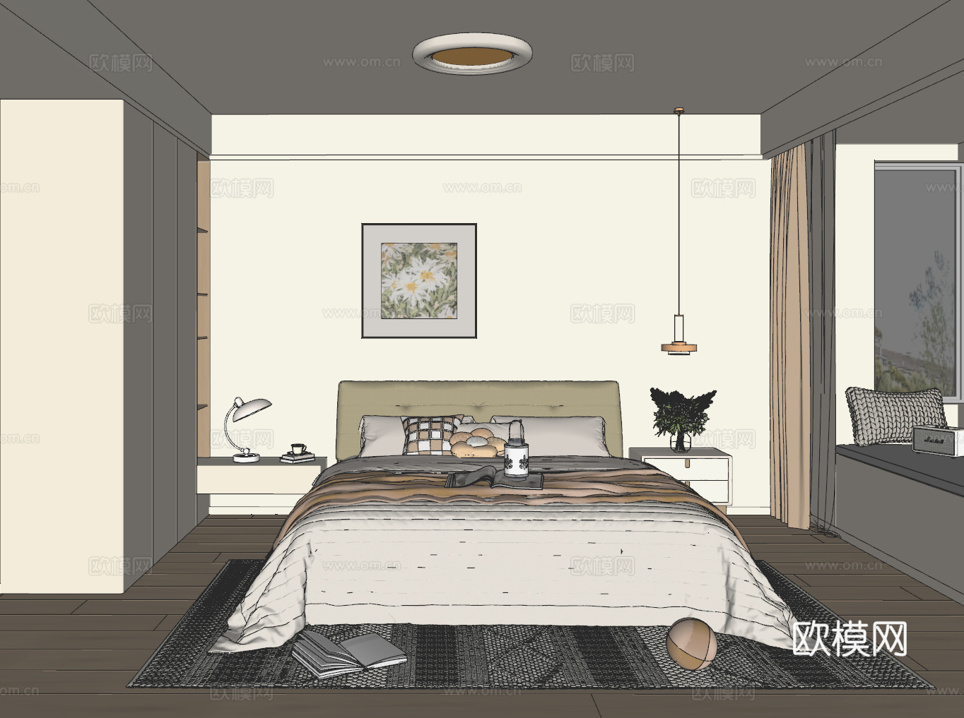 原木风极简卧室 主卧su模型下载（渲染图1）